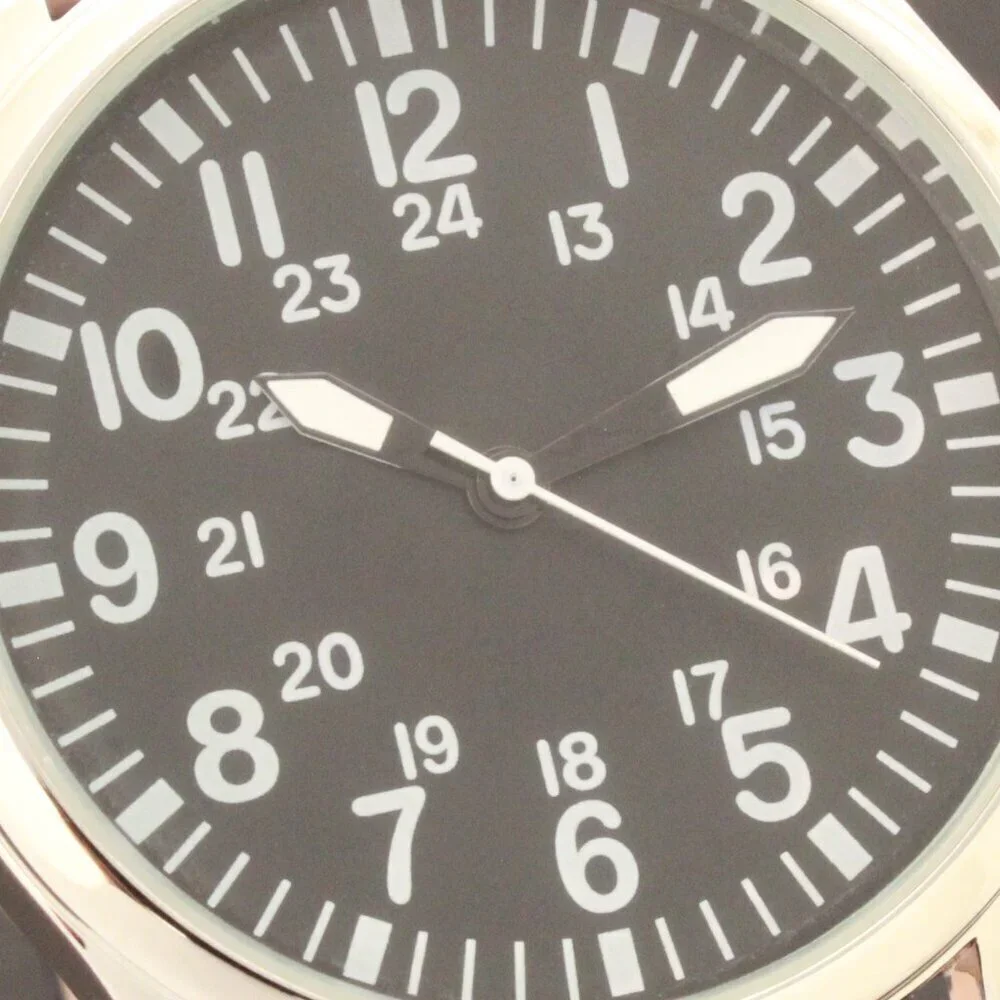 Men's Quartz Field Watch Silver Case Black Leather Strap 42mm - Picture 12 of 12